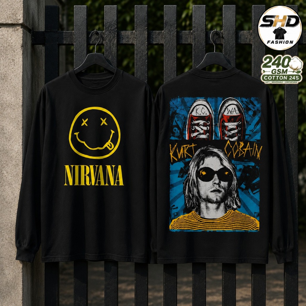 T-shirt Nirvana Kurt Cobain Long Sleeve Black White Unisex