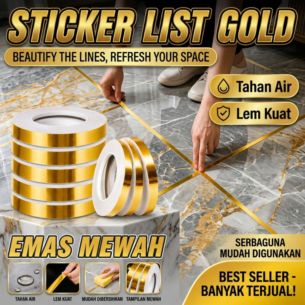 50M Wall molding stiker dinding PVC List plat strip mirror gold cermin Perbatasan PVC Perekat diri R