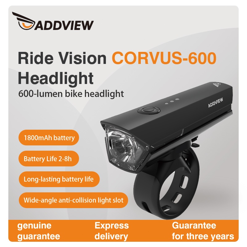 ADDVIEW Lampu Sepeda Untuk Berkendara Malam, Terang Super 600 Lumens, Senter Tahan Air, USB Recharge