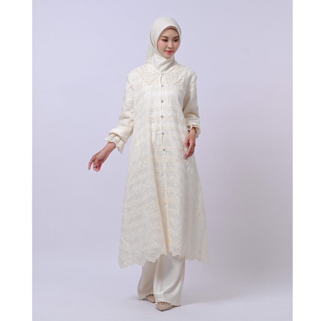 VIANDRA | Talina Midi Dress Bordir Premium Kerah Lebar Baju Kondangan Wanita Elegan Mewah Busui