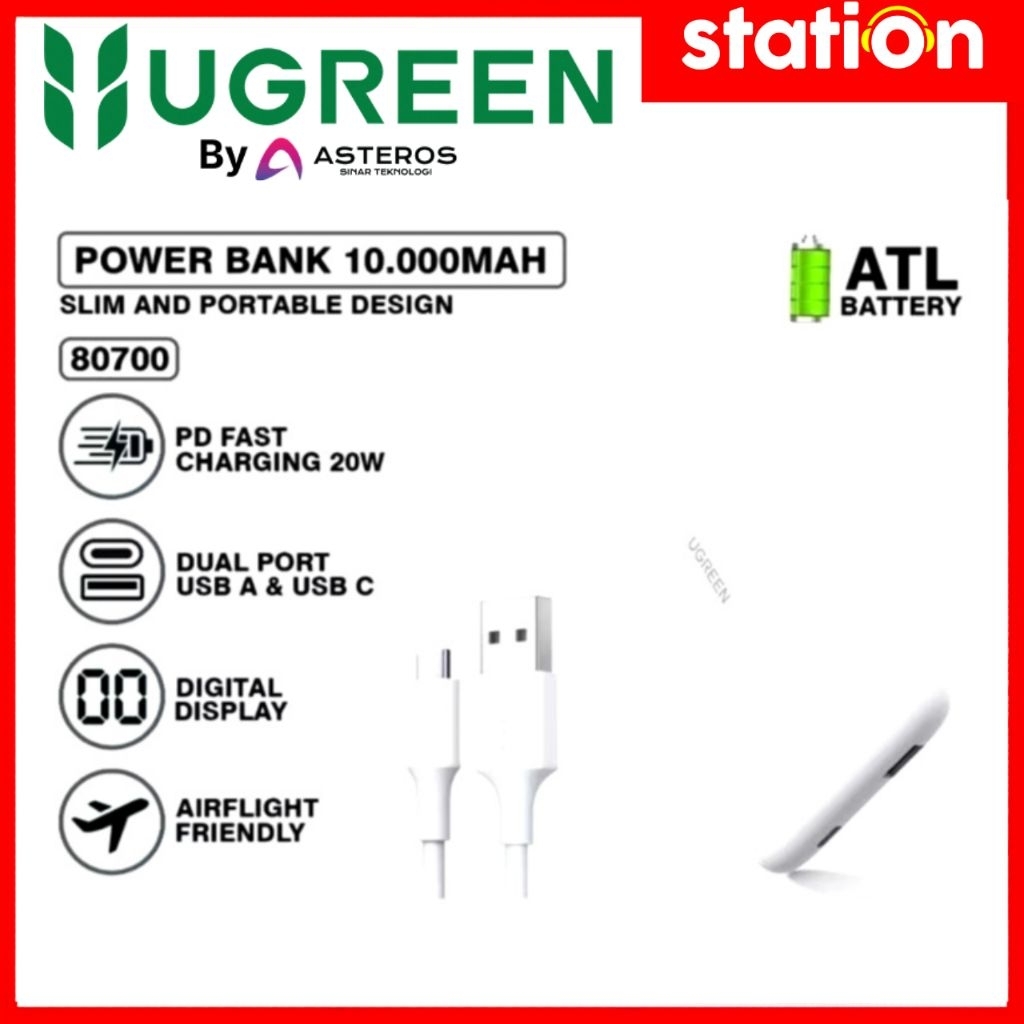 UGREEN 80700 Power Bank 10000mAh Ultra Slim Two-Way Fast Charging 20W Putih