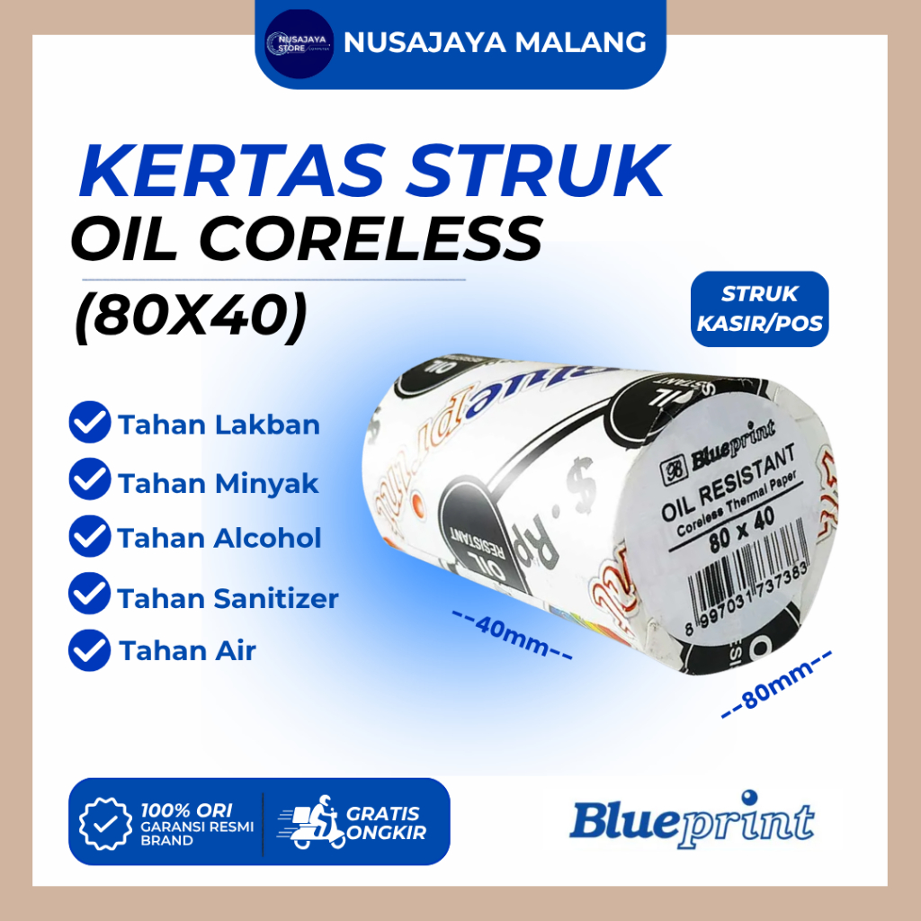 Kertas Thermal Struk BLUEPRINT TAHAN LAKBAN Oil Resistant 80x40 mm