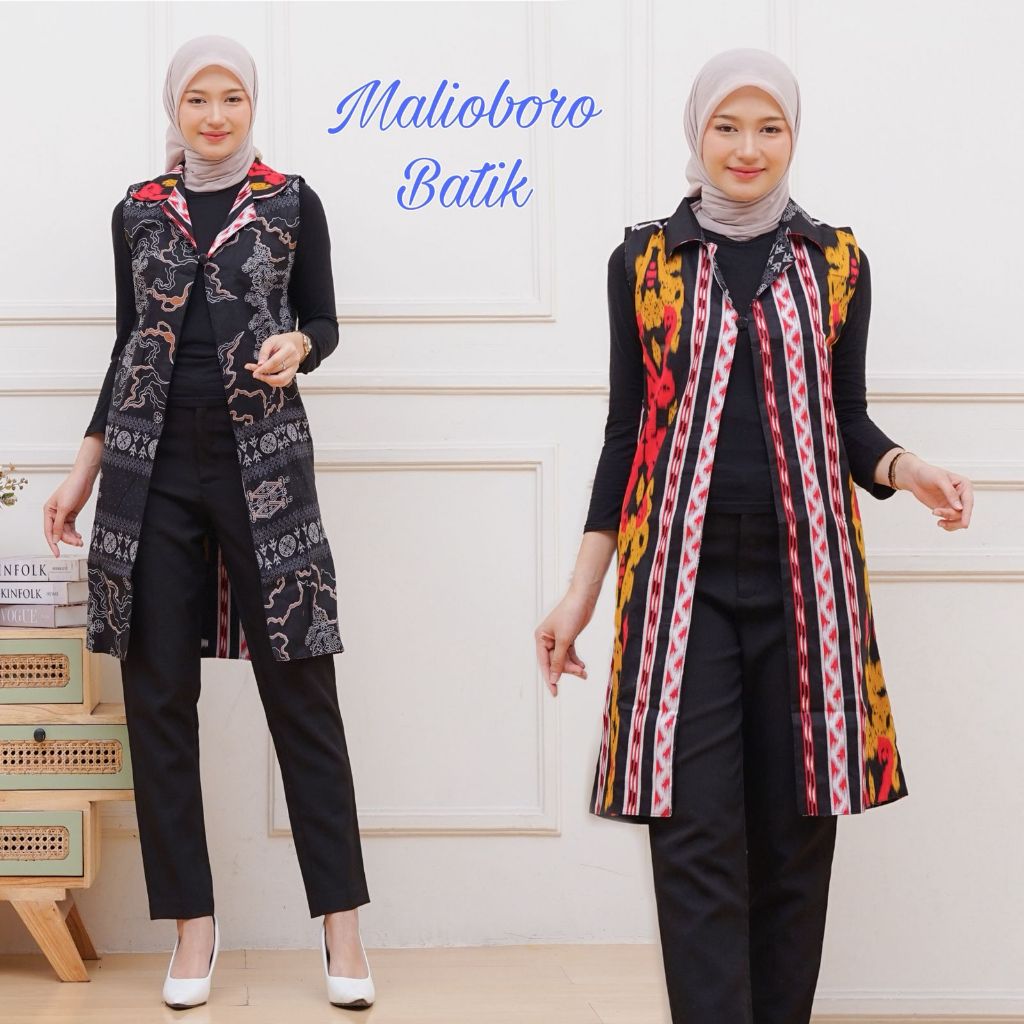 Malioboro Batik Blazer Tanpa Lengan Outer Batik Wanita Cardigan Kekinian Motif Songket