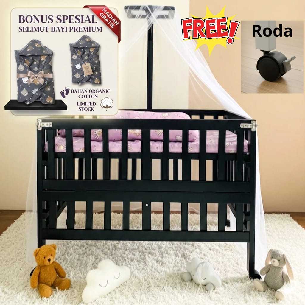Keranjang Tidur Bayi Newborn Ranjang Tempat Baby Kayu kokoh Fullset Bantal Box Tiang Tirai Roda