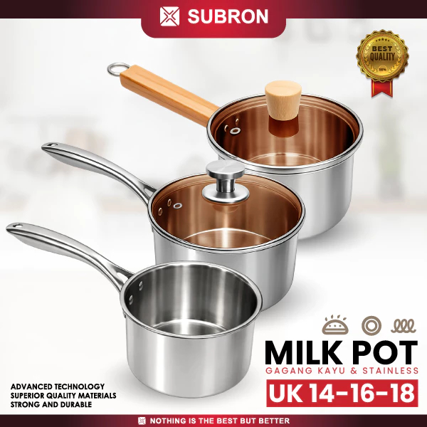 Panci Susu Premium Tebal Gagang Kayu / Stainless - Subron