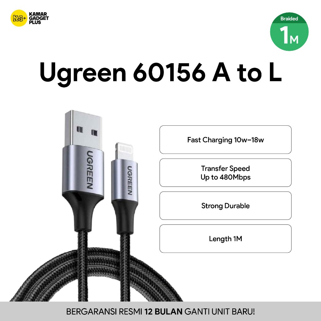 UGREEN Kabel Data iPhone USB to Lightning MFi Fast Charging 1 Meter 18 Watt 2.4 A Support Power Deli