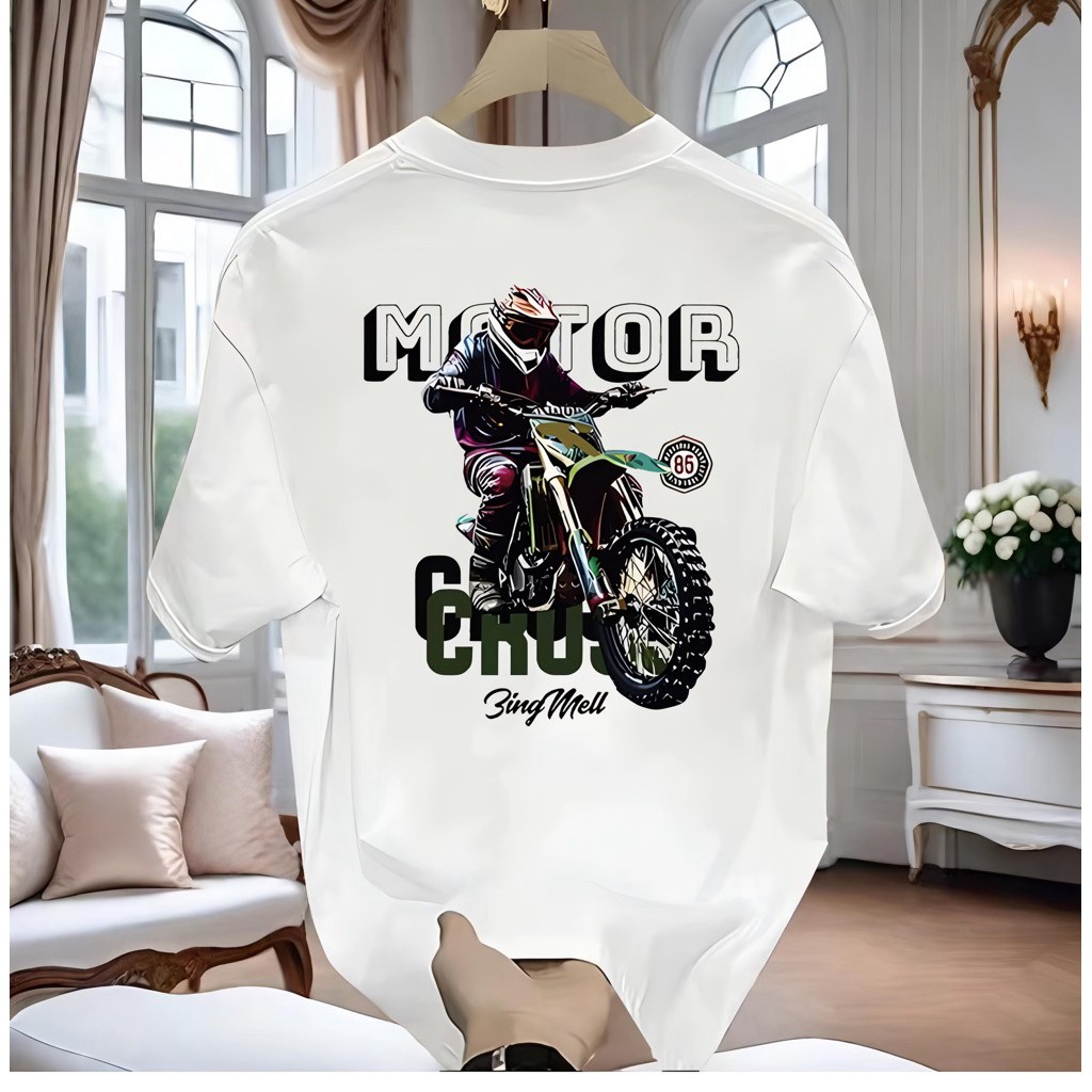 Kaos Pria Distro 100% Katun Motif Motor Cross Keren Hitam Putih Chic Modern