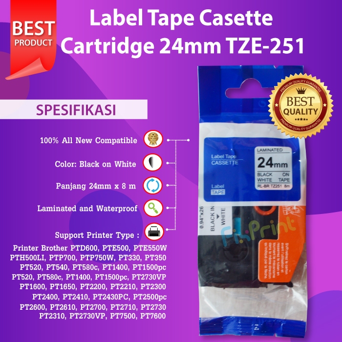Casette Laminated 24mm Black On White Label Tape TZE-251 TZE 251 TZE251 Printer Bro PT2730VP PT7500 