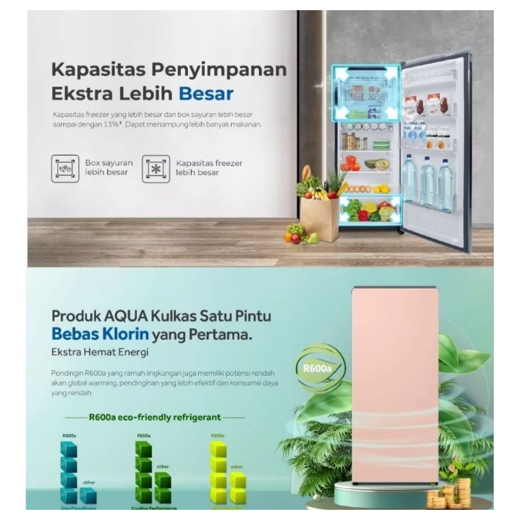 CUCI GUDANG KULKAS AQUA 2 PINTU D185MME HIJAU (KARGO)