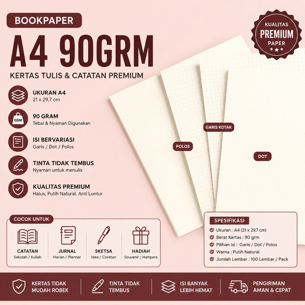 Kertas UKURAN A4 tanpa lubang- Bookpaper 90 gsm