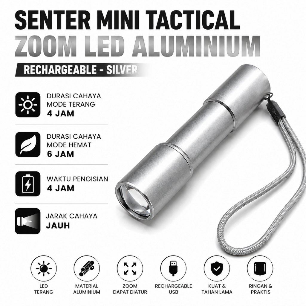 Senter Mini Tactical Senter Zoom LED Aluminium Rechargeable Jangkauan Cahaya Jauh Tahan Lama