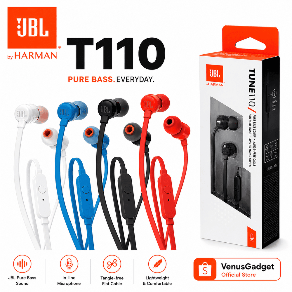 JBL T110 Headset Kabel In Ear Pure Bass Stereo Earphone Original Mic 3.5mm