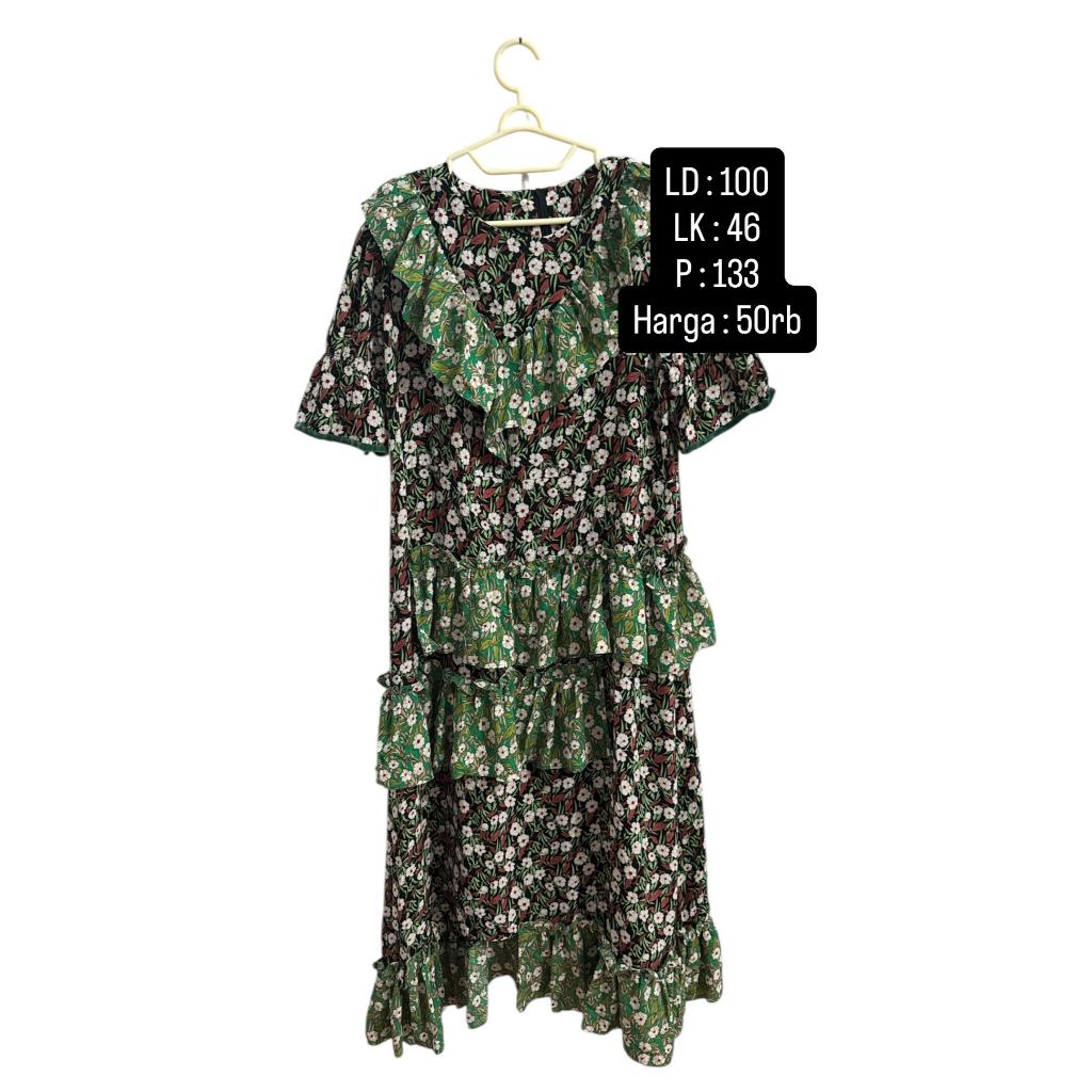 Dress Vintage Ruffle Sifon Bunga-Bunga Smoke