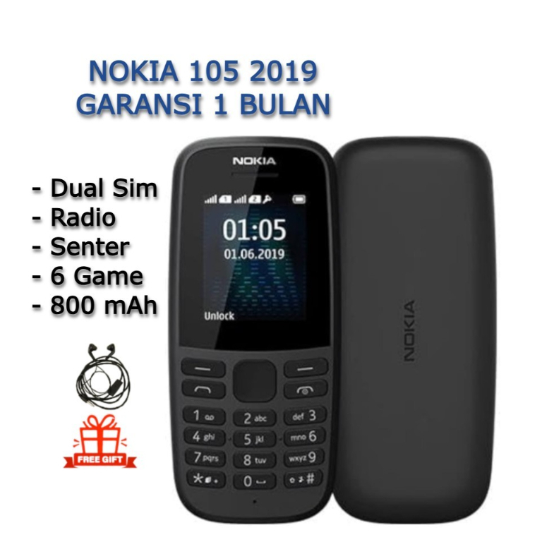 HP NOKIA 105 2019 BARU GARANSI 1 BULAN DUAL SIM RADIO SENTER GAME 800mAh