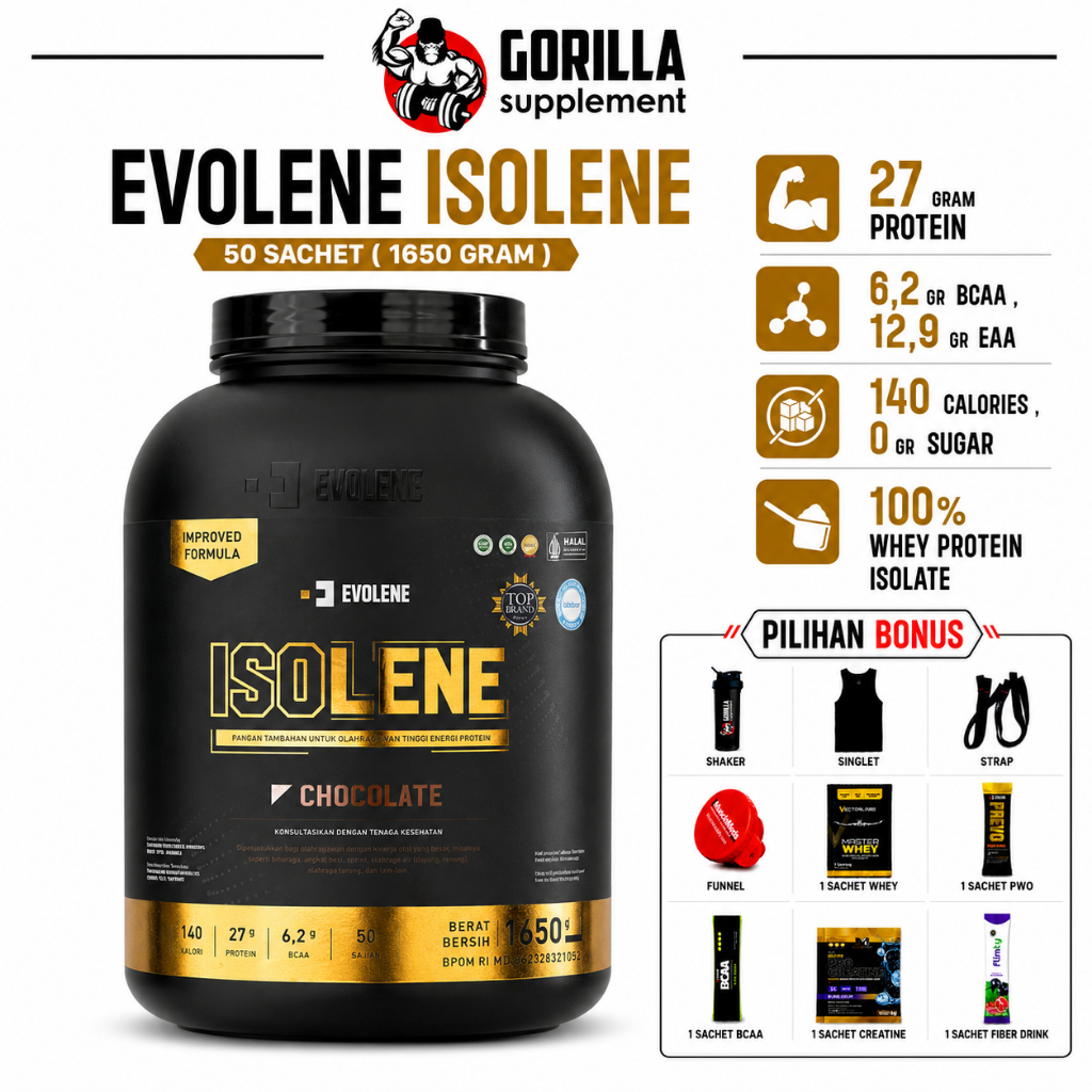 EVOLENE ISOLENE 50 sachet 1650 Gram - Whey Protein Isolate BPOM HALAL Suplemen Fitness Diet