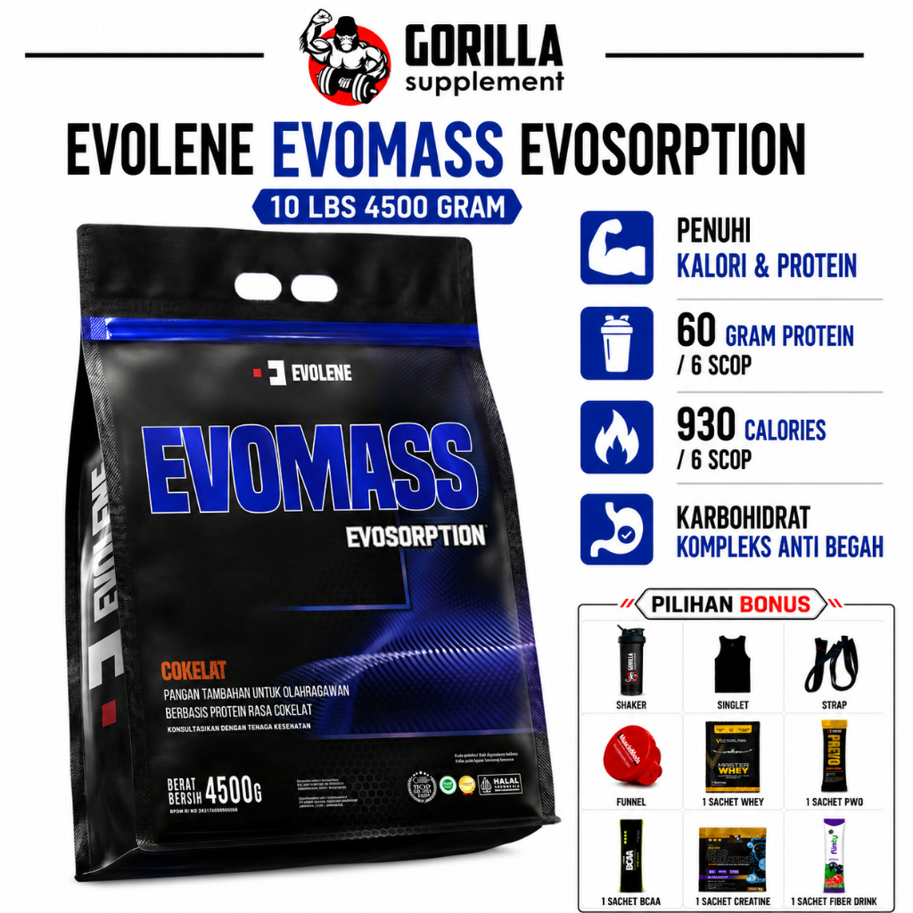 Original EVOLENE EvoMass EVO MASS 10 lbs (4.5 KG) 10lbs 10lb BPOM HALAL MUI Gainer Susu Penggemuk
