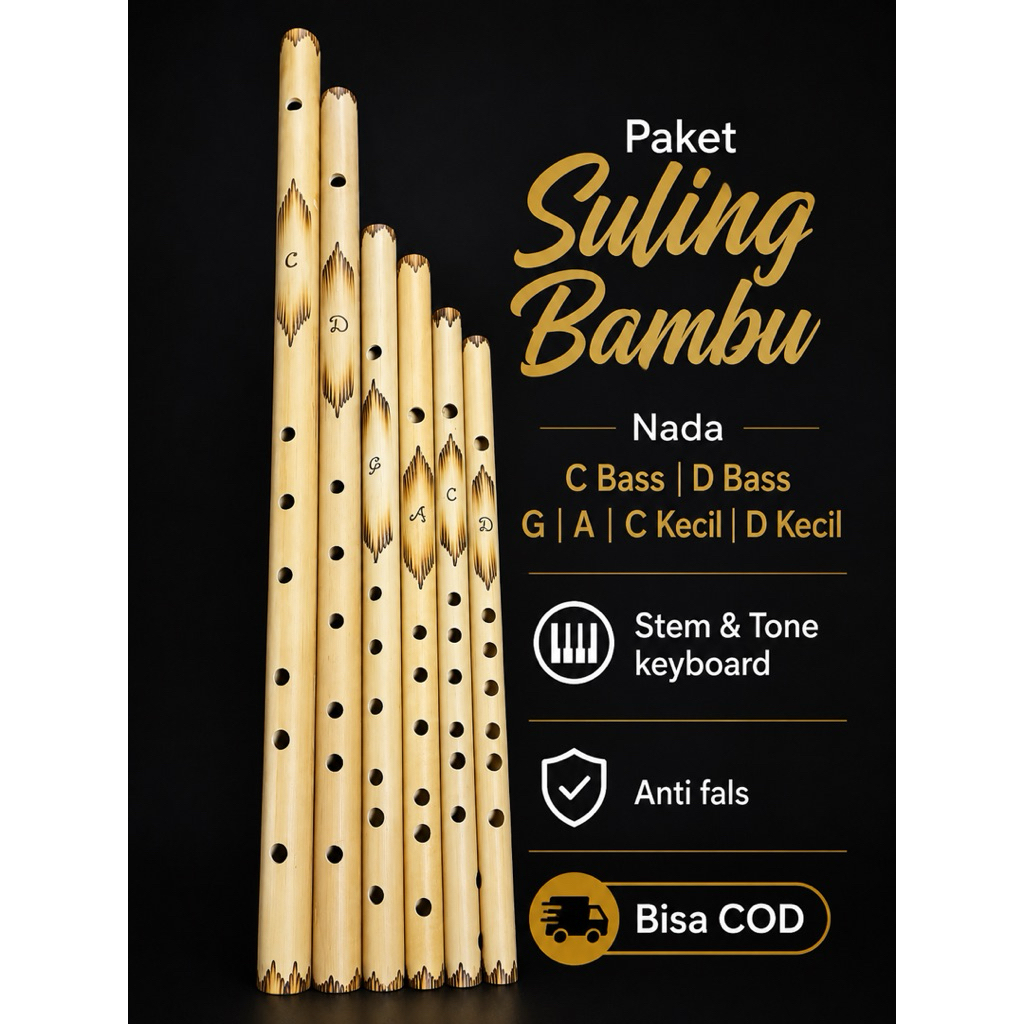 PAKET 6 Suling Bambu Profesional C bass | D bass | G | A | C kecil | D kecil