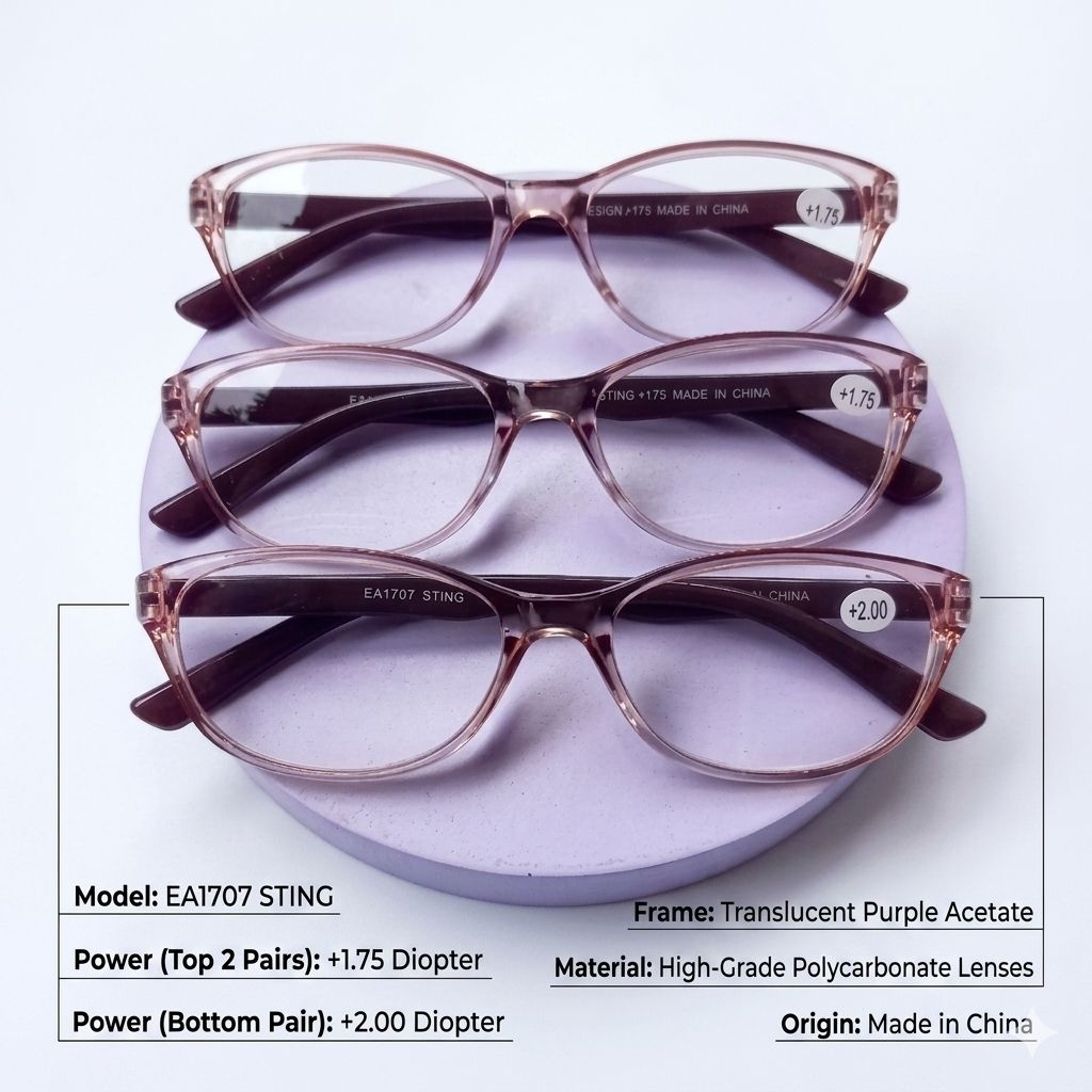 Kacamata Baca Cat Eye EA1707 STING Translucent Purple Frame High Grade Polycarbonate Lenses +1.00 s/