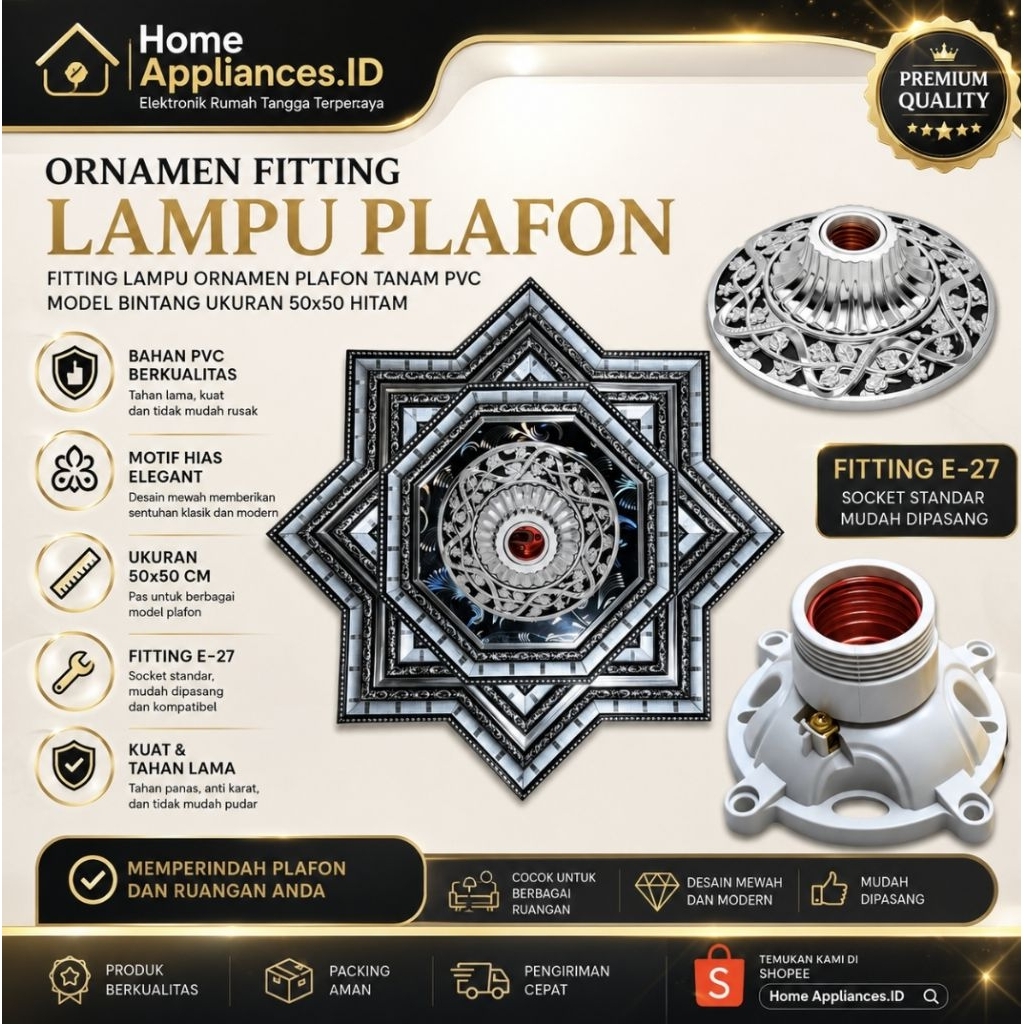 Fitting Lampu Plafon Ornamen PVC 50x50 Model Bintang E27 Tanam Dekorasi Rumah