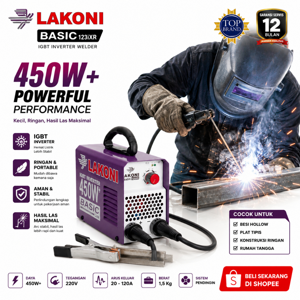 LAKONI BASIC 124IXR MESIN LAS LAKONI 450watt IGBT MMA INVERTER SET TANG LAS TANG MASA