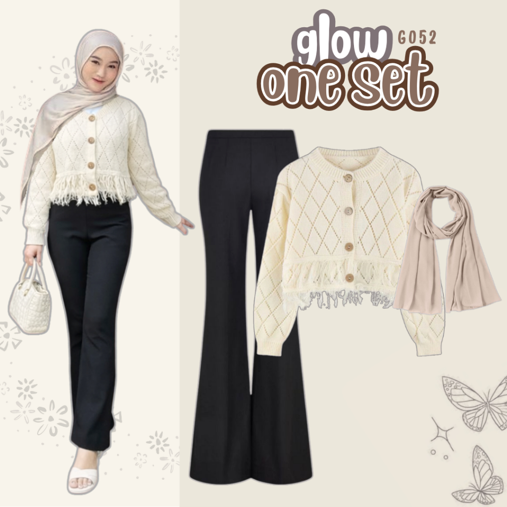 One Set Wanita 3in1 (Atasan Rawis Rajut+Celana Cutbray Scuba+Hijab Ceruty) Setelan Remaja Korean Sty