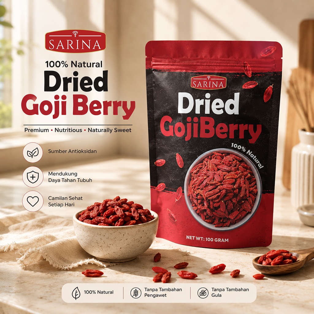Goji Berry Kering Premium Sarina 100% Original | Dried Goji Berry Asli Tanpa Tambahan | Superfood An
