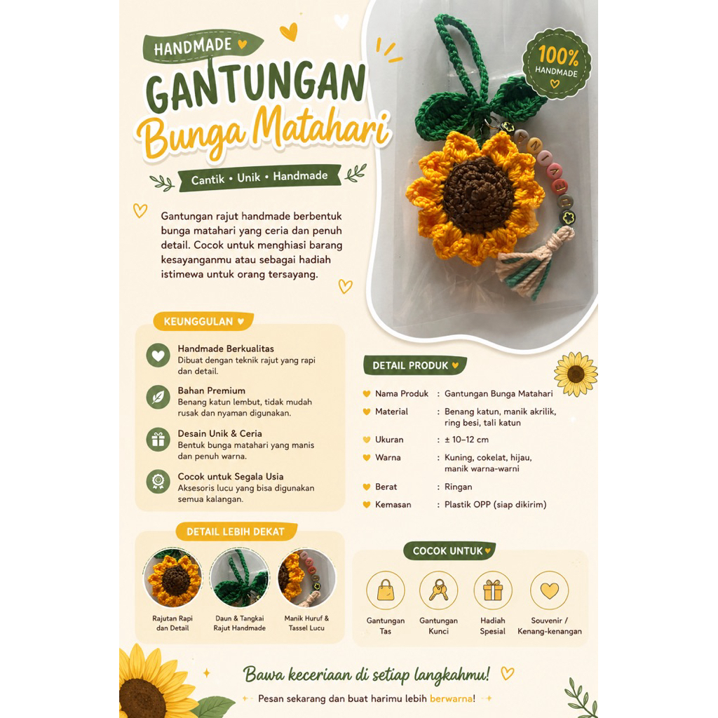 gantungan kunci bunga matahari rajut custome nama