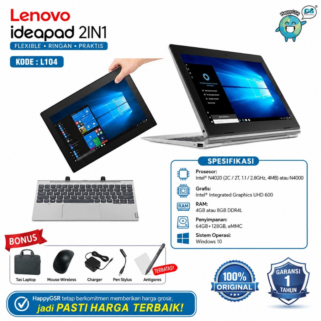 Lenovo IdeaPad L104 2in1 Touchscreen Laptop Tablet 10 Inch RAM 4GB SSD 192GB Windows 10 Murah Pelaja