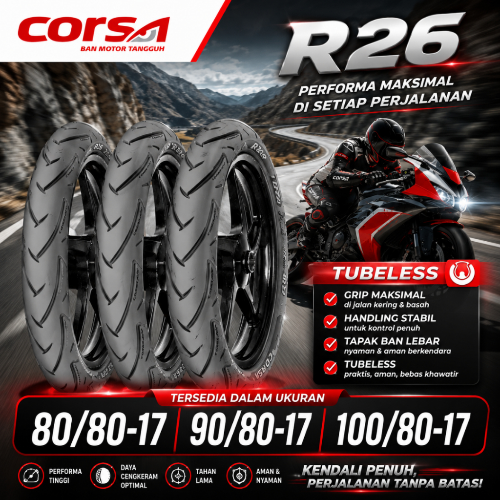 Ban Corsa Ban Motor Ring 17 Corsa R26 80/80-17 90/80-17 100/80-17 Ban Tubeless Ring 17 Ban Motor Rin