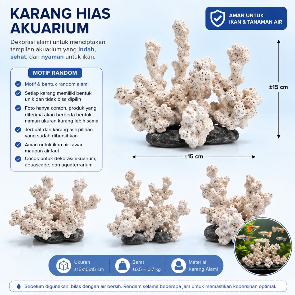 Hiasan Koral BESAR 15 CM - Karang Natural Aquarium - Dekorasi Aquascape Air Tawar & Laut Aman Ikan