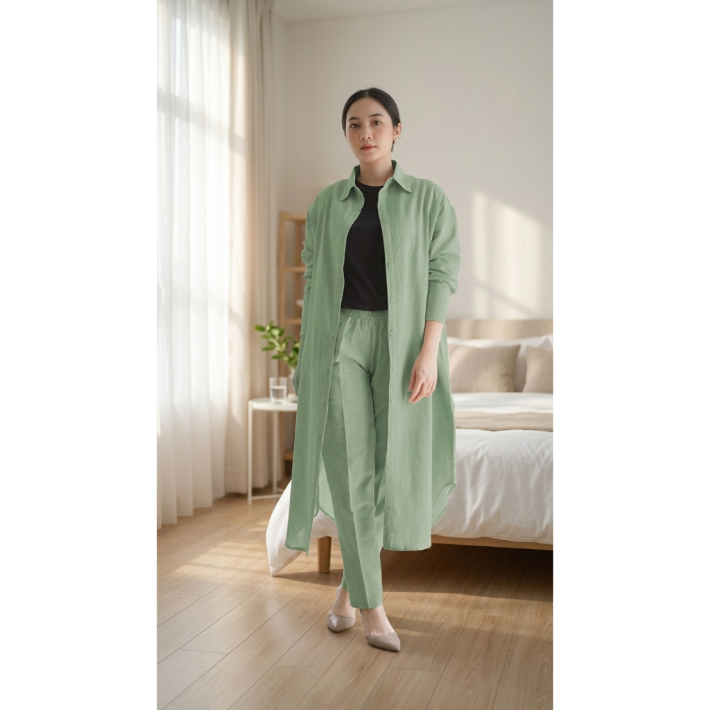NADIYA//Setelan Long Tunik Wanita Terbaru Bahan Polo Linen Model Kekinian Lucia Set Linen One Set Ne