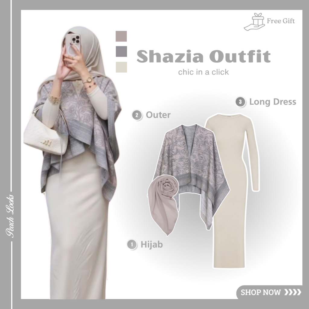 Trend Outfit One Set Fashion Kekinian ( Hijab + Outer + Long Dress ) Setelan Remaja Ootd Shazia