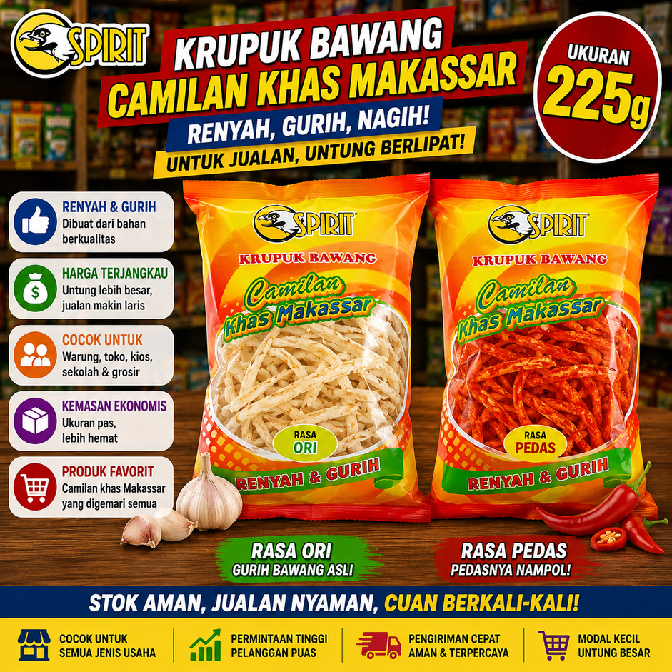 Snack Stik Kerupuk Bawang Cap Spirit Rasa Pedas & Original 225g Oleh Oleh Khas Makassar Grosir Murah