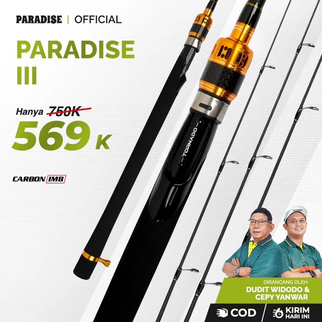 Paradise - Joran Pancing Paradise III 3 Section Ukuran | Carbon Solid IM8 | Original Ring Guide | La