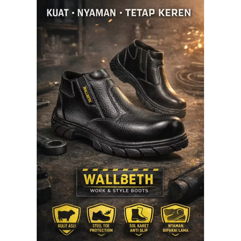 Sepatu Safety boots KING WALLBETH ORIGINAL KULIT SAPI ASLI SEPTI PROYEK , TAMBANG , BENGKEL , KITCHE