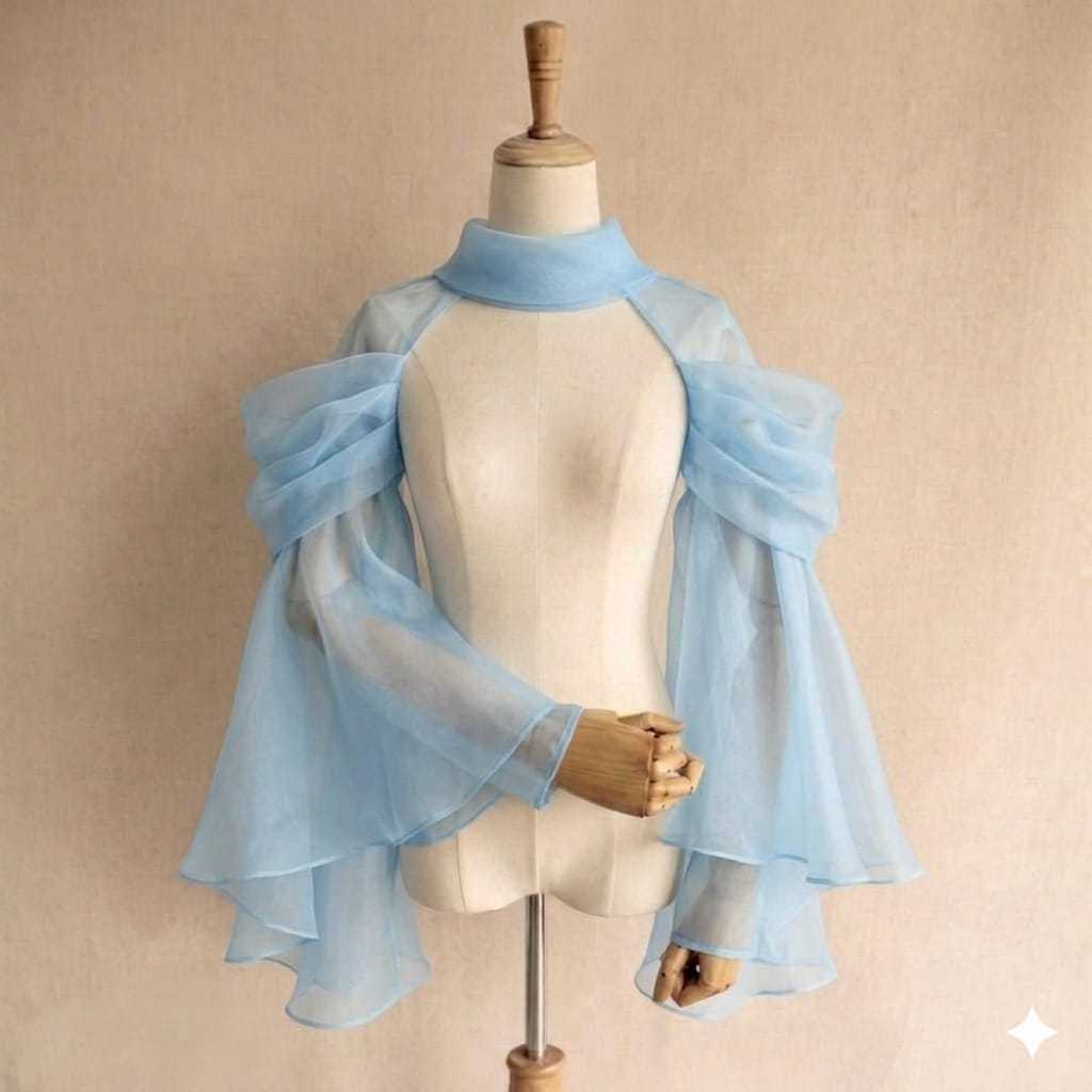Izah Kemeja Wanita long flare sleeve sheer croptop organza turtle neck