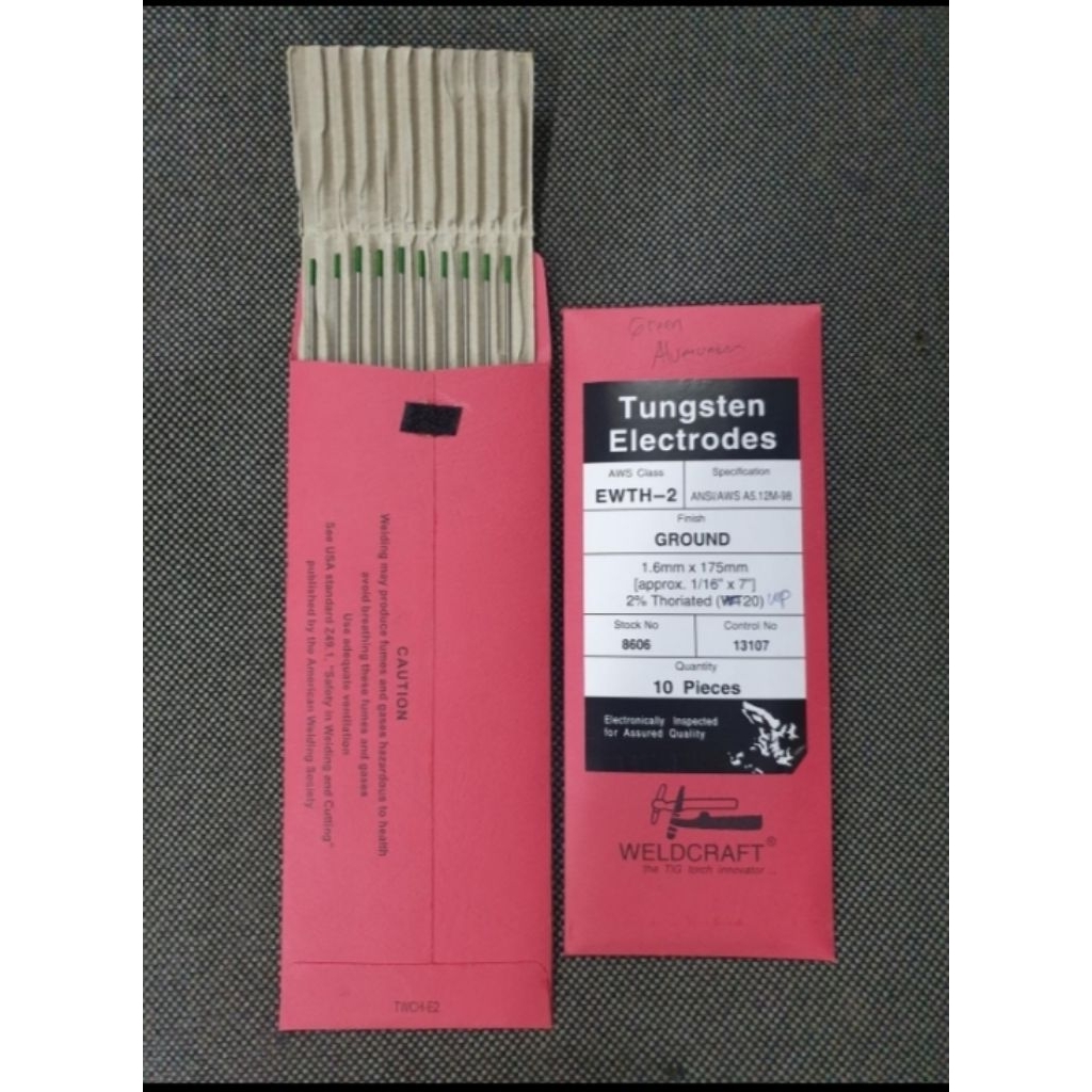 jarum las argon 1,6 2,4 & 3,2mm tungsten alumunium hijau isi 10 pcs