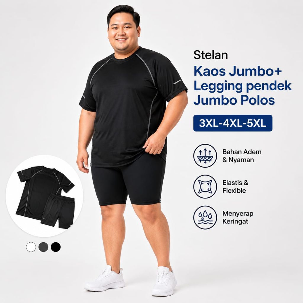 Stelan Pakaian Olahraga Pria Kaos Jumbo+Legging PendeK Hitam Jumbo