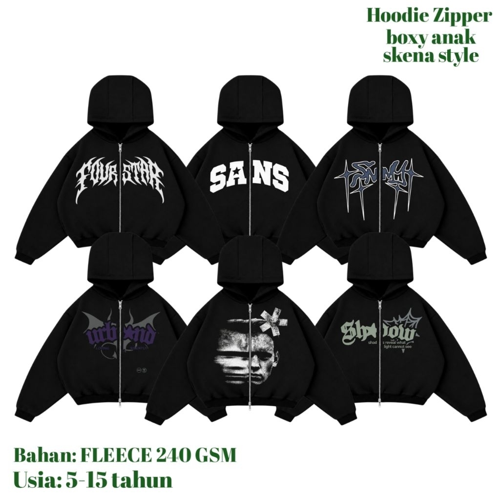 Hoodie zipper boxy anak usia 5-15 tahun Warna hitam bahan Fleece premium grm 240 gsm tebal lembut ny