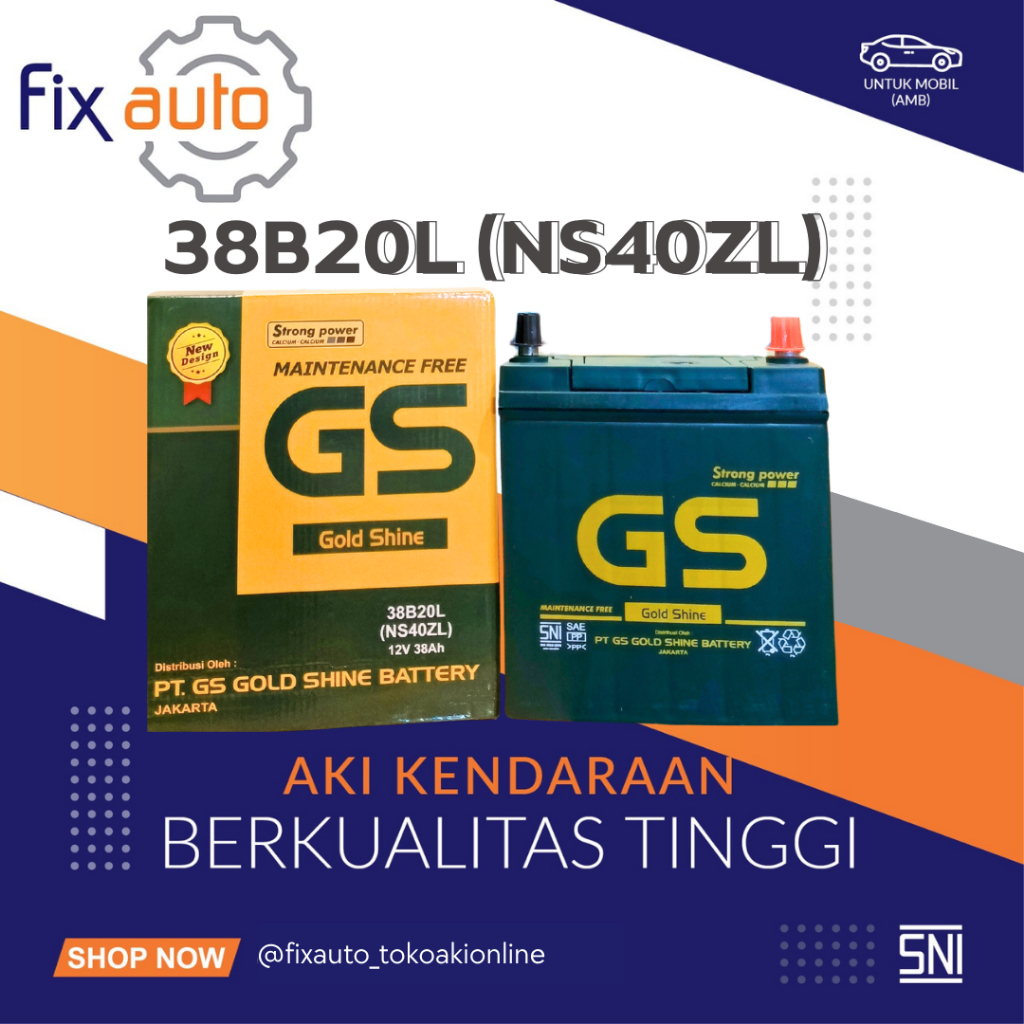 Aki Mobil GS Gold Shine NS40ZL 38B20L 38Ah 12V Accu Maintenance Free Strong Power Calcium Battery