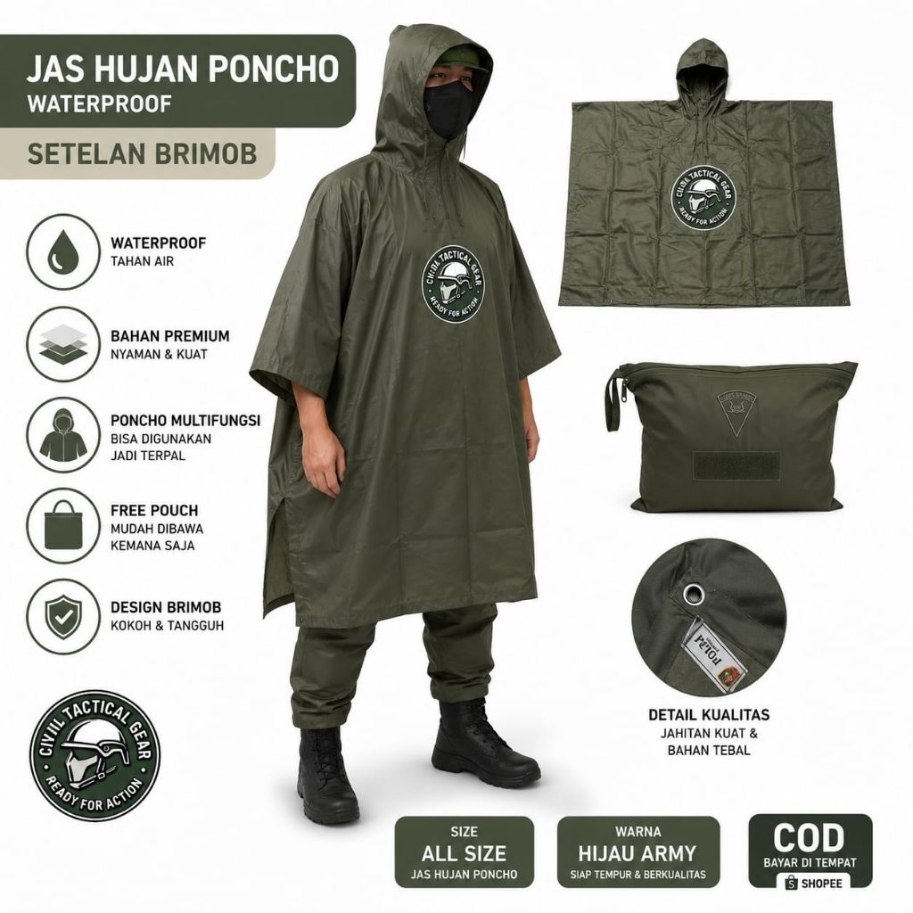 JAS HUJAN PONCO HIJAU JATAH BRIMOB /JAS HUJAN HIJAU PONCO/SETELAN BRIMOB/ JAS HUJAN WATERPROOF HIJAU
