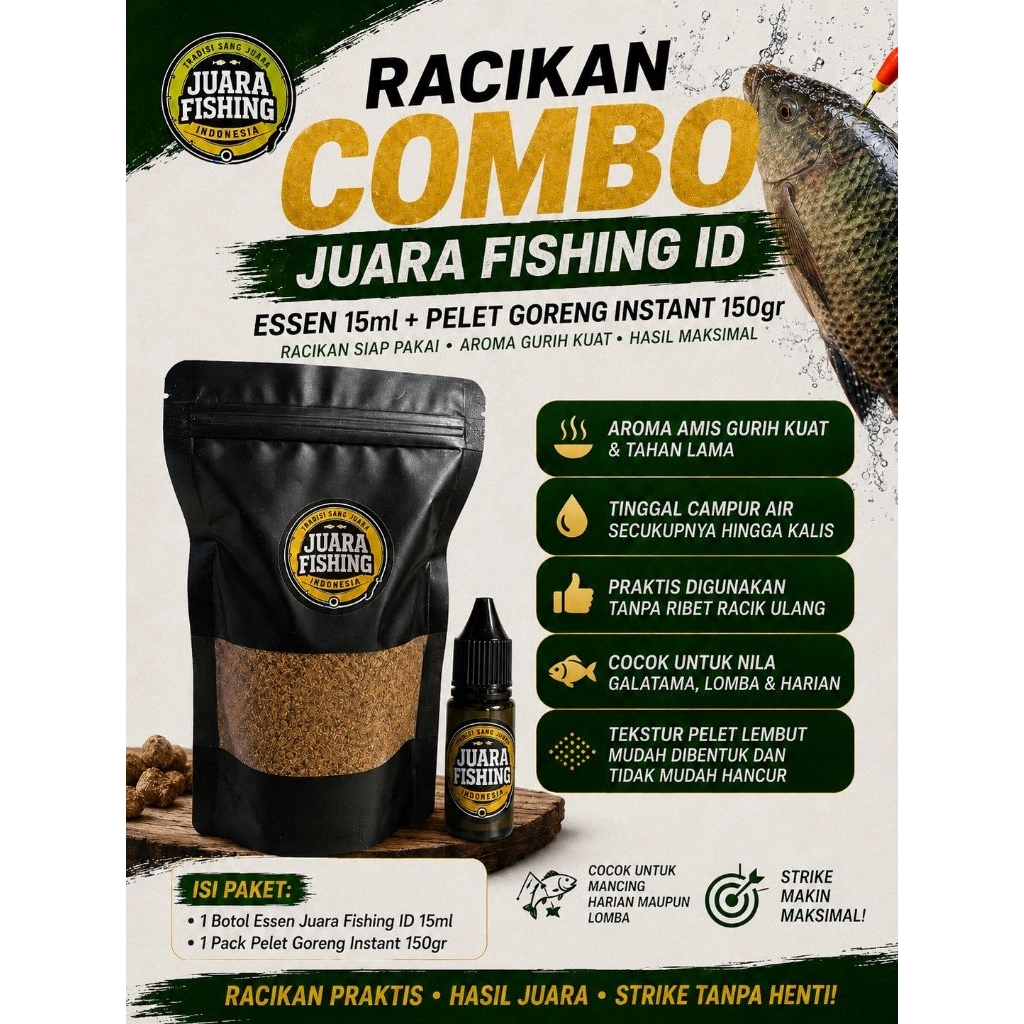 ESSEN IKAN NILA 15ml + PELET GORENG INSTANT SPESIAL 150gr RACIKAN by JUARA FHISING ID