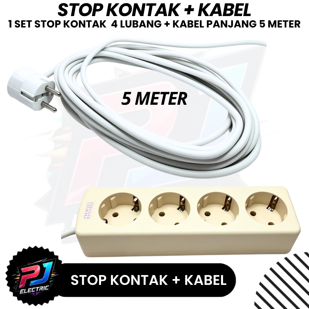Stop Kontak 4 LUBANG + Kabel Fleksibel Panjang 5 METER / Stop Kontak Terminal Kuningan 4 Lubang Kabe