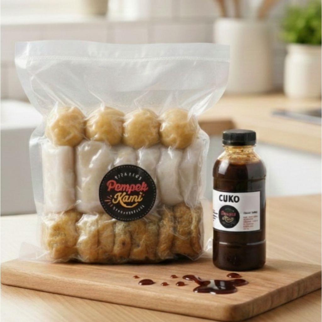 Pempek mix 5 jenis Ikan ekor kuning isi 20 Pcs + Cuko (Mix. Kulit, Crispy, Keriting, Adaan & Lenjer)