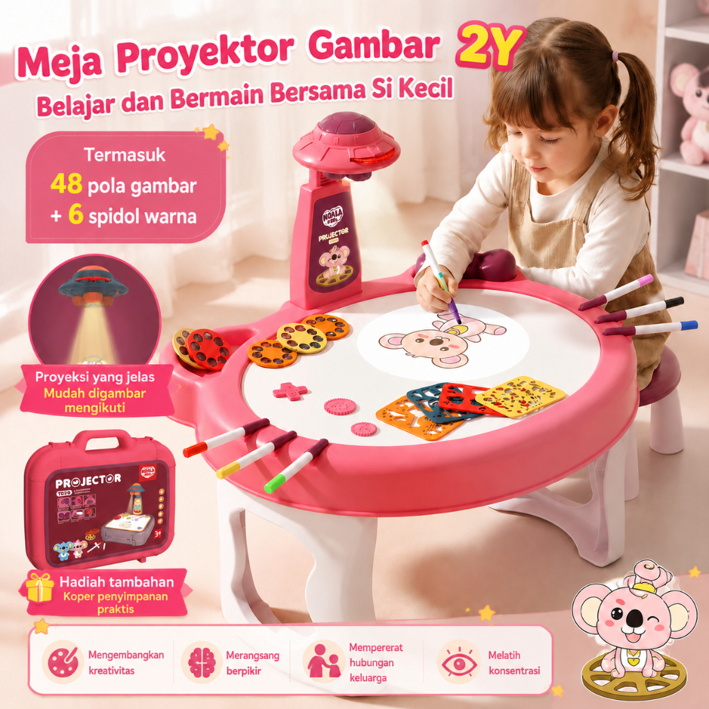 Meja Gambar Proyektor UFO Anak dengan Stensil Spidol Mainan Edukasi Pink Biru