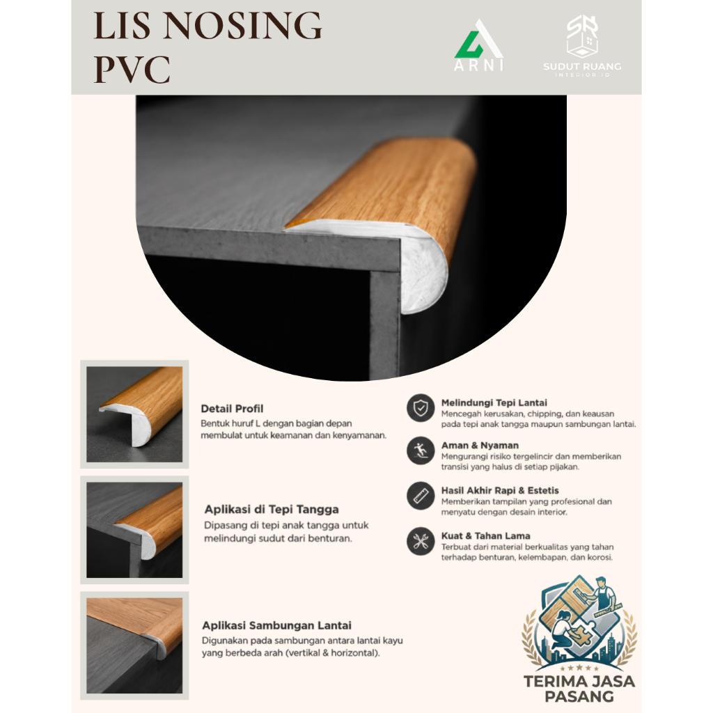 Lis Tangga PVC Motif Kayu – Nosing Tangga Anti Slip Pelindung Tepi Lantai & Anak Tangga