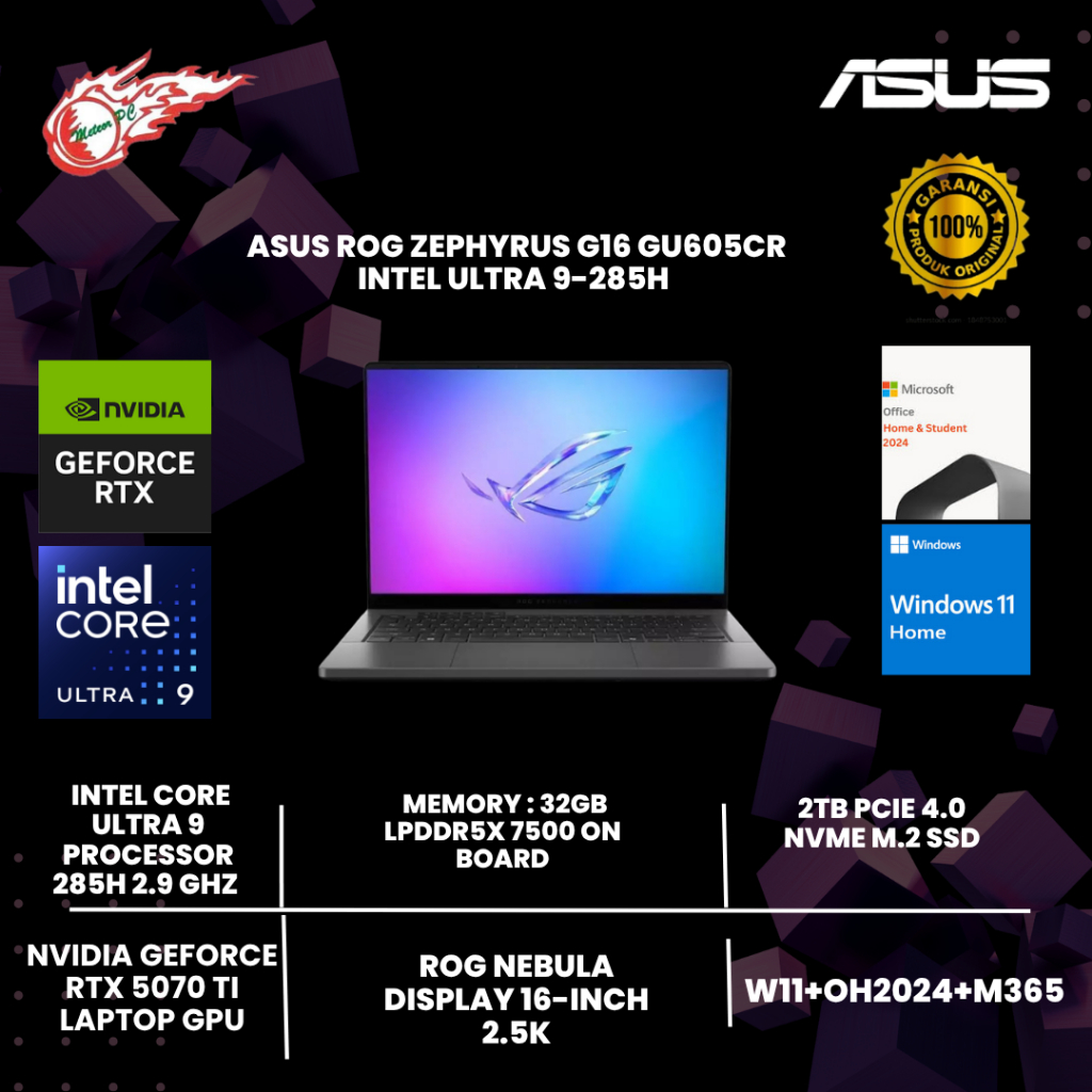 ASUS ROG ZEPHYRUS G16 GU605CR INTEL ULTRA 9-285H 32GB 2TB RTX5070TI 12GB 16  2.5K OLED WIN11HOME OH+