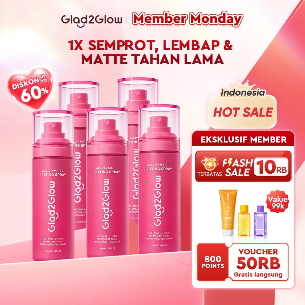 Glad2Glow All Day Matte Setting Spray Make up Flawless | 12H Tahan Lama | Soft Matte Finish | Powder
