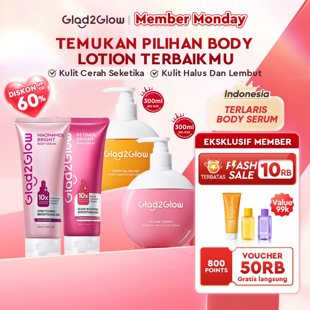 Glad2Glow Bright & Moist Body Serum Series | Body Cream Body Lotion Brighten Moist & Smooth Pemutih 