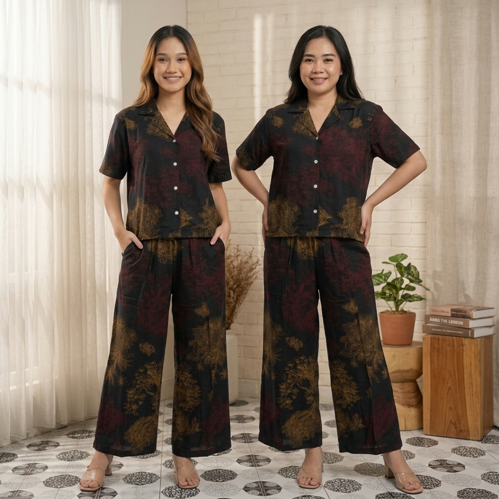 Setelan Piyama Wanita Baju Tidur Rayon Viscose Adem Motif Bunga Pakaian Santai Homewear